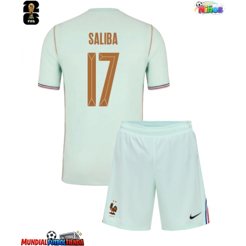 Camiseta Francia William Saliba #17 Segunda Equipación Replica Mundial 2026 para niños mangas cortas (+ Pantalones cortos)